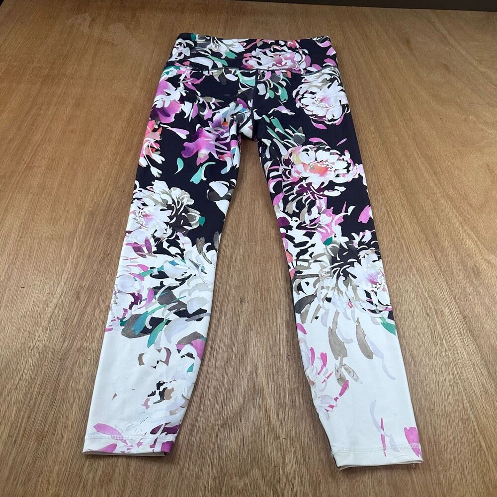 Athleta Floral Leggings Women’s Medium Black Pink Workout Yoga Activewear